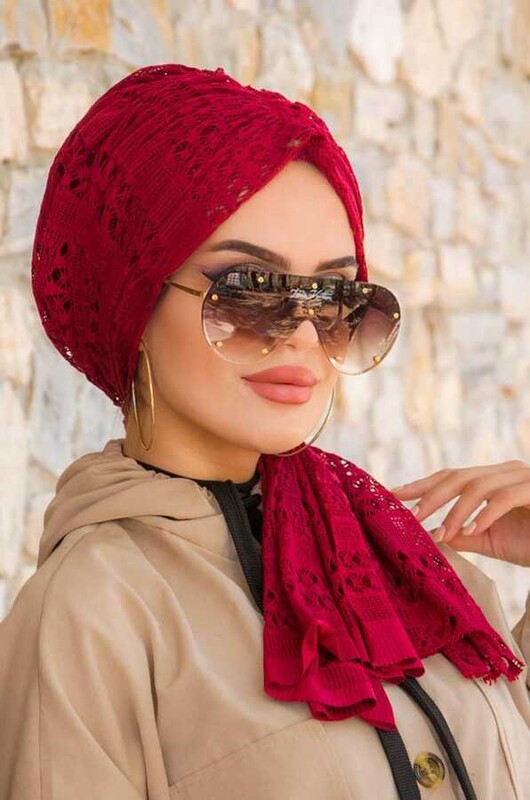 Aişe Tesettür - Bordo Dantel Tokalı Bone - 40401 (1)