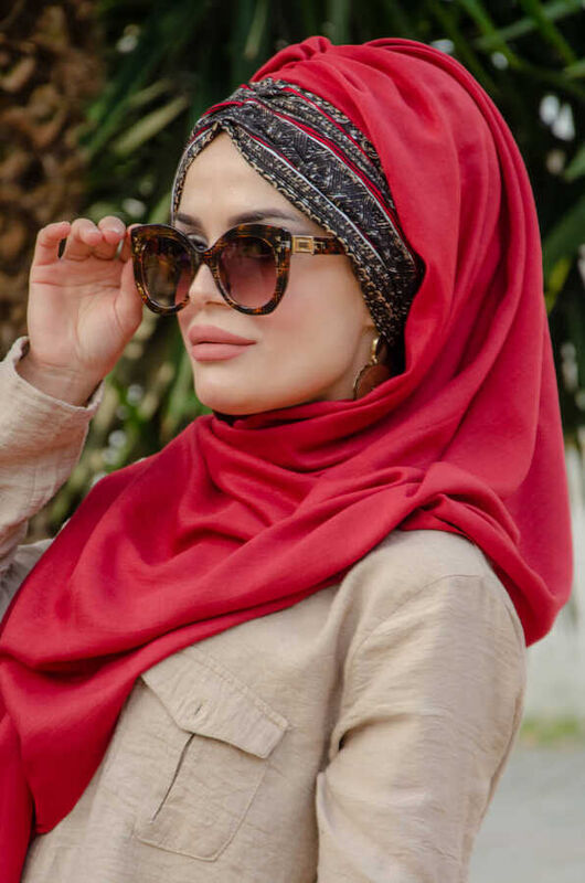Bordo Etnik Desen Büzgülü Hazır Şal