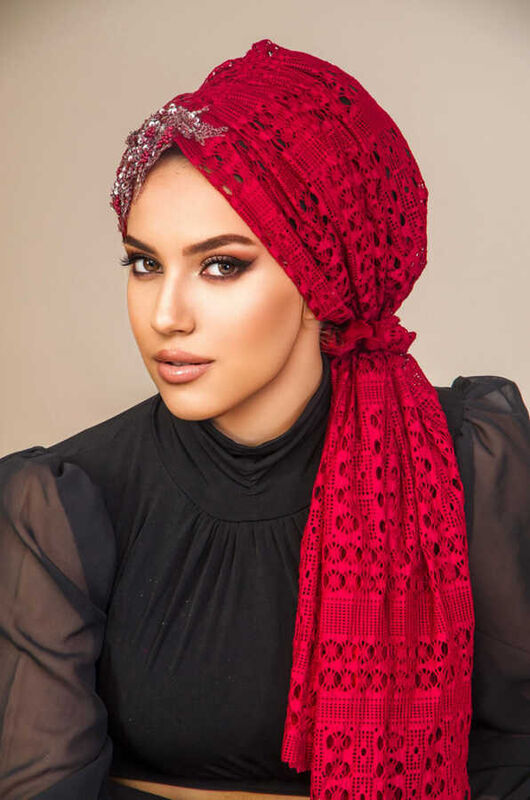 Bordo Güpürlü Abiye Tokalı Bone