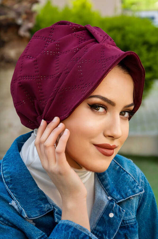 Bordo Kapitone Desenli Tesettür Şapka Bone - Thumbnail