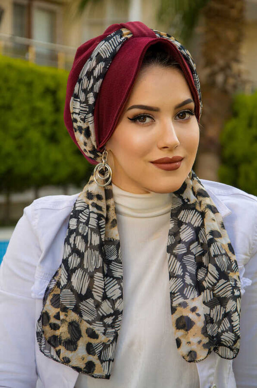 Bordo Leopar Desen Fularlı Şapka Bone - Thumbnail