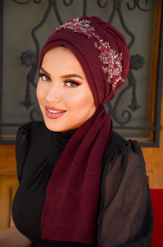 Bordo Nakışlı Abiye Atkılı Bone