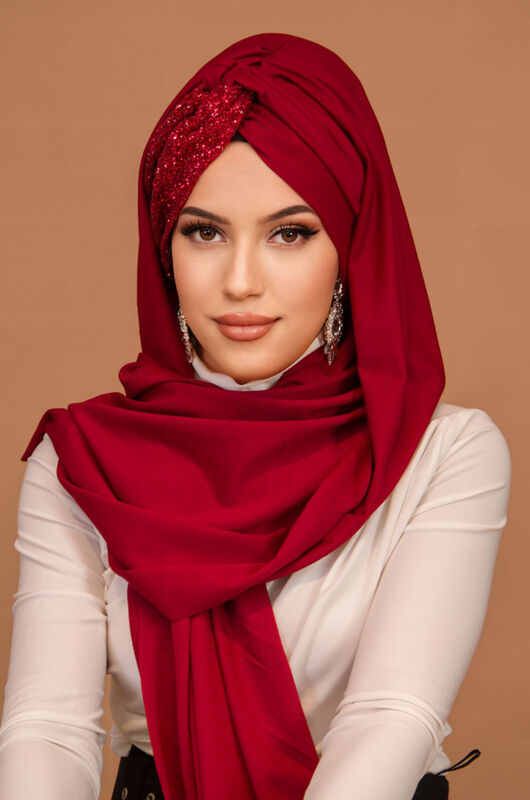 Bordo Simli Burgu Model Hazır Abiye Şal