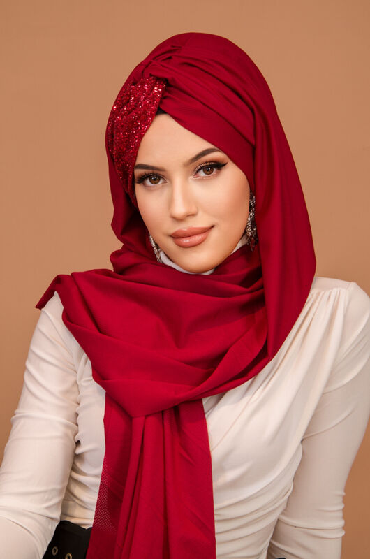 Bordo Simli Burgu Model Hazır Abiye Şal