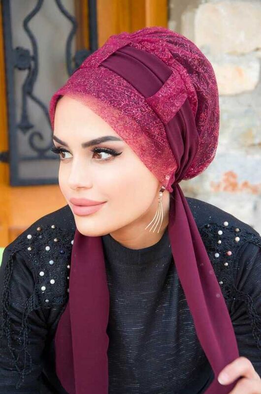 Bordo Yaprak Fularlı Abiye Bone