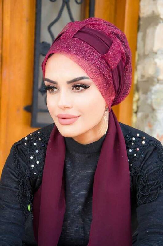 Bordo Yaprak Fularlı Abiye Bone