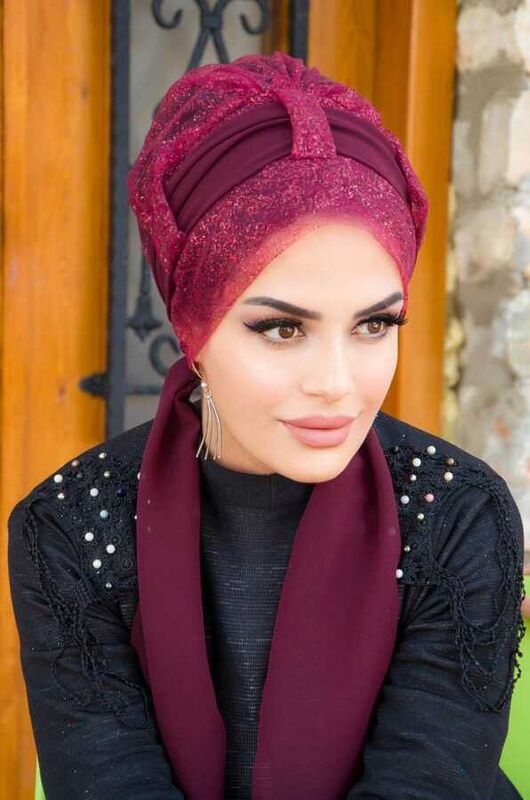 Bordo Yaprak Fularlı Abiye Bone
