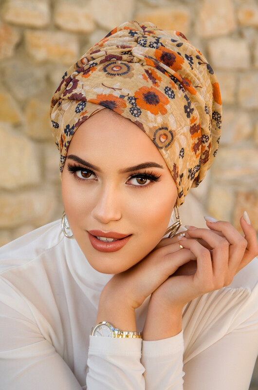  - Camel Çiçek Desen Çapraz Bantlı Bone (1)