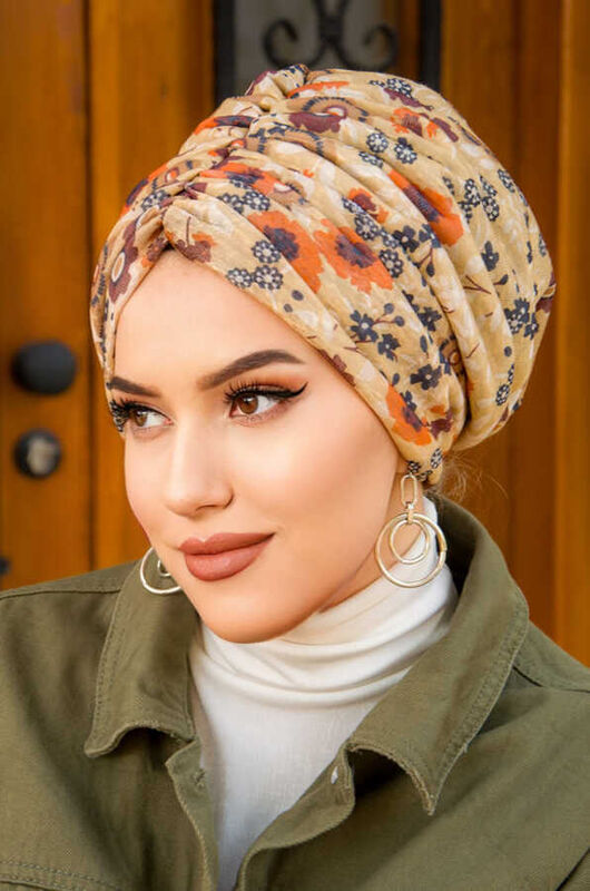 Camel Çiçek Desen Drapeli Dolgulu Bone
