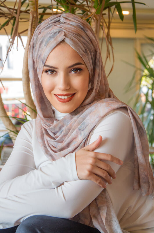 Ebruli Kelebek Model Büzgülü Bone Şal