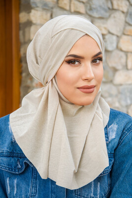 Ekru Işıltılı Çapraz Bantlı Medium Size Hijab - Hazır Şal - Thumbnail