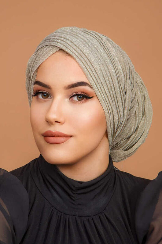 Ekru Piliseli Kelebek Model Çapraz Bantlı Abiye Bone Şal