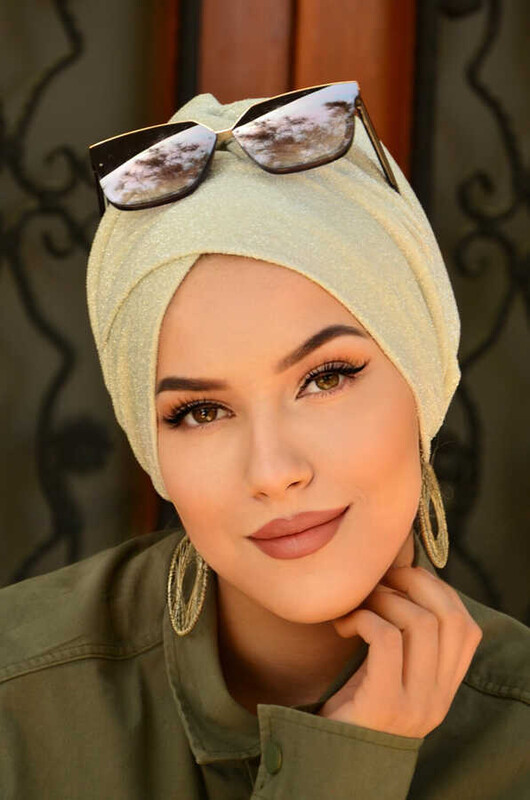 Ekru Simli Çapraz Bantlı Dolgulu Bone - Thumbnail