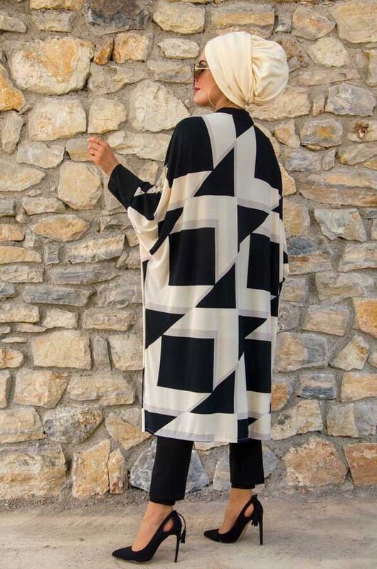 Ekru Siyah Kareli Oversize Tesettür Tunik - Thumbnail