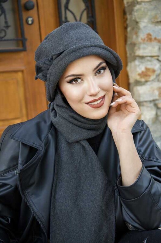 Füme Aksesuarlı Vintage Atkılı Şapka - Thumbnail