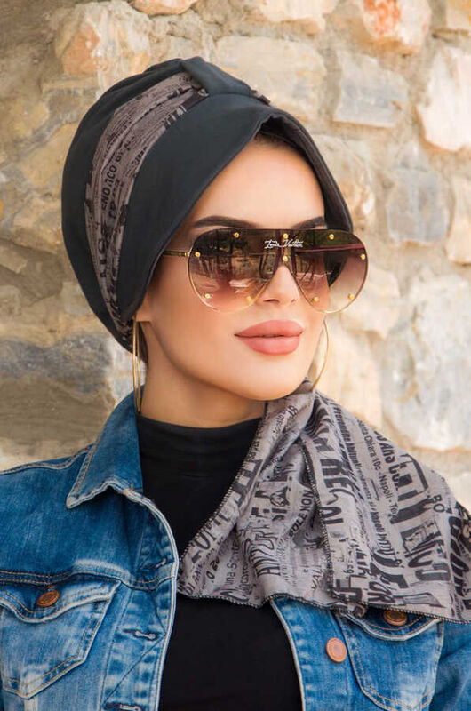 Füme Yazı Desen Fularlı Şapka Bone