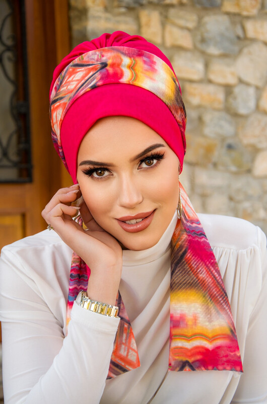  - Fuşya Retro Desen Fularlı Bone