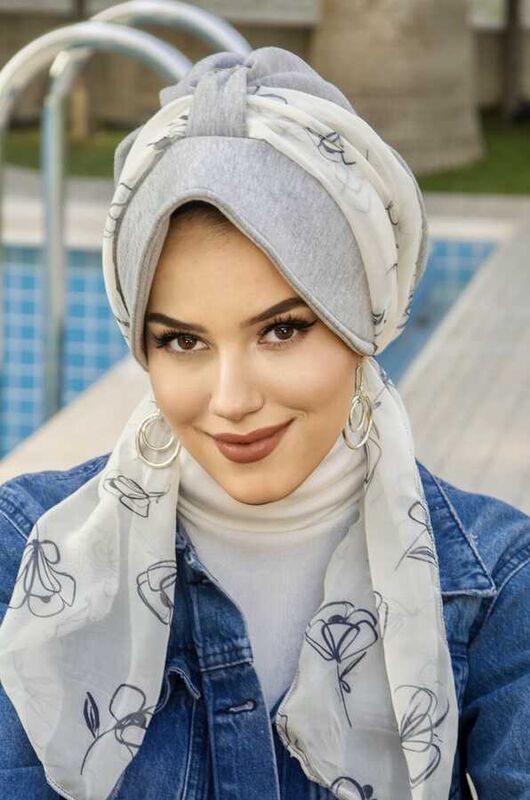 Gri Beyaz Dolgulu Fularlı Şapka Bone
