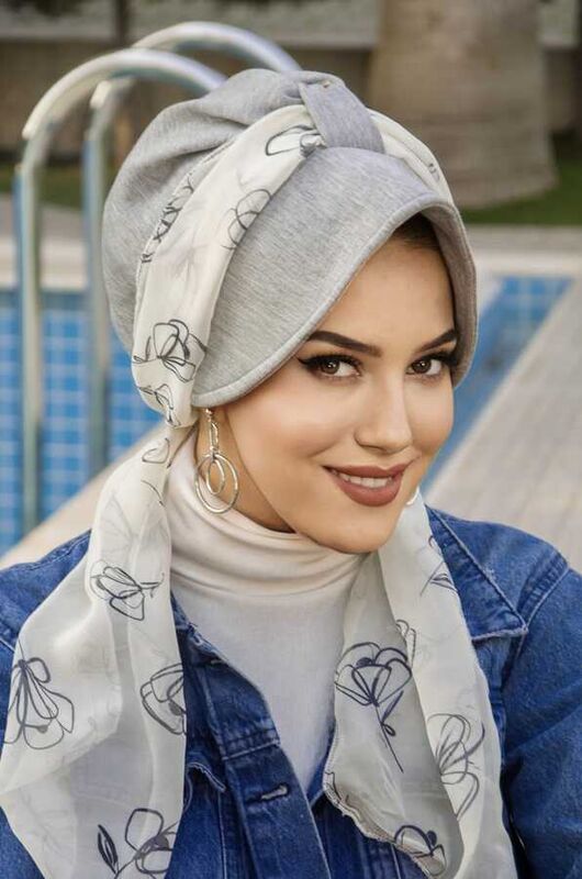 Gri Beyaz Dolgulu Fularlı Şapka Bone