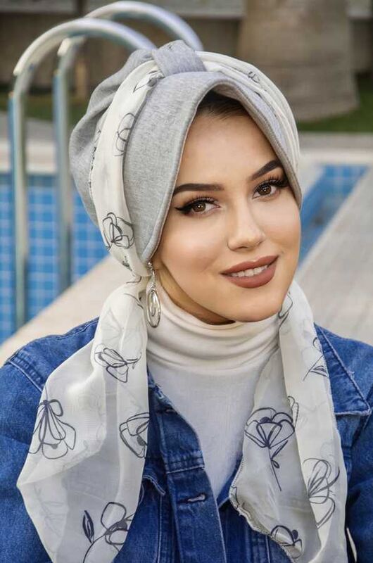 Gri Beyaz Dolgulu Fularlı Şapka Bone