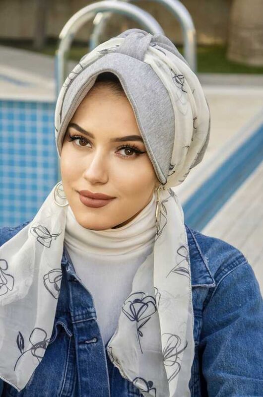 Gri Beyaz Dolgulu Fularlı Şapka Bone