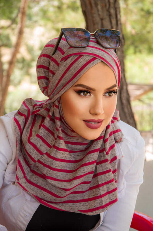 Aişe Tesettür - Gri Bordo Desenli Çapraz Bantı Medium Size - Hazır Şal (1)