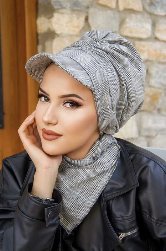 Gri Ekose Büzgülü Tesettür Şapka