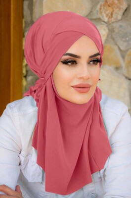 Gülkurusu Çapraz Bantlı Medium Size Hijab - Hazır Şal - Thumbnail