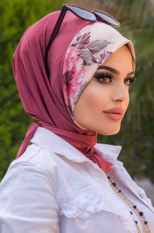 Aişe Tesettür - Gülkurusu Çiçek Desenli Hazır Eşarp