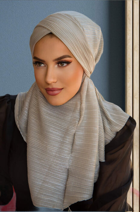 Gümüş Piliseli Çapraz Bantlı Medium Size Hijab - Hazır Şal