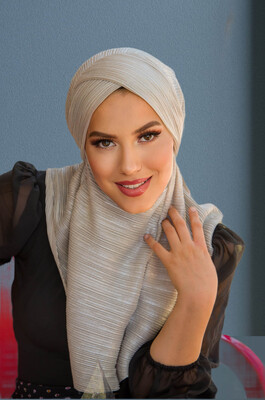 Gümüş Piliseli Çapraz Bantlı Medium Size Hijab - Hazır Şal - Thumbnail