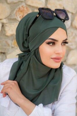 Haki Çapraz Bantlı Medium Size Hijab - Hazır Şal - Thumbnail
