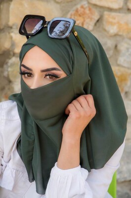 Haki Çapraz Bantlı Medium Size Hijab - Hazır Şal - Thumbnail