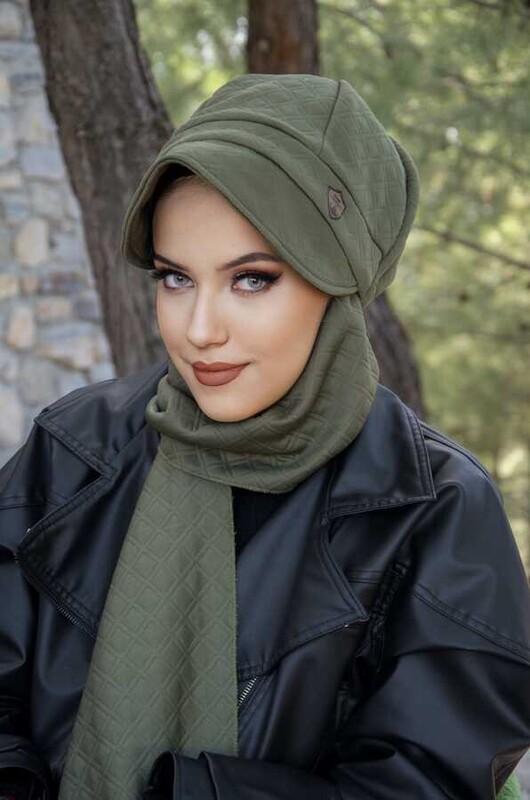  - Haki Kapitone Armalı Tesettür Şapka (1)