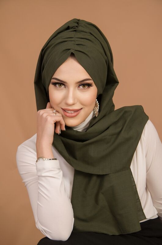 Haki Kelebek Model Büzgülü Bone Şal