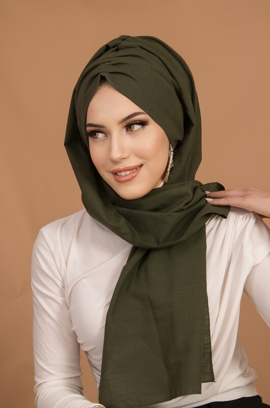  - Haki Kelebek Model Büzgülü Bone Şal