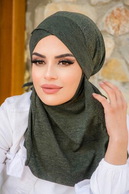 Aişe Tesettür - Haki Melanj Çapraz Bantlı Medium Size Hijab - Hazır Şal