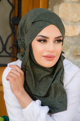 Haki Melanj Çapraz Bantlı Medium Size Hijab - Hazır Şal - Thumbnail