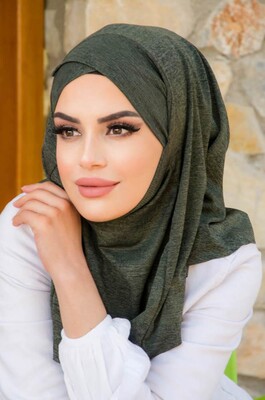 Haki Melanj Çapraz Bantlı Medium Size Hijab - Hazır Şal - Thumbnail