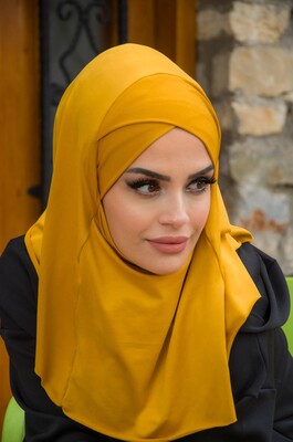 Hardal Çapraz Bantlı Medium Size Hijab - Hazır Şal - Thumbnail