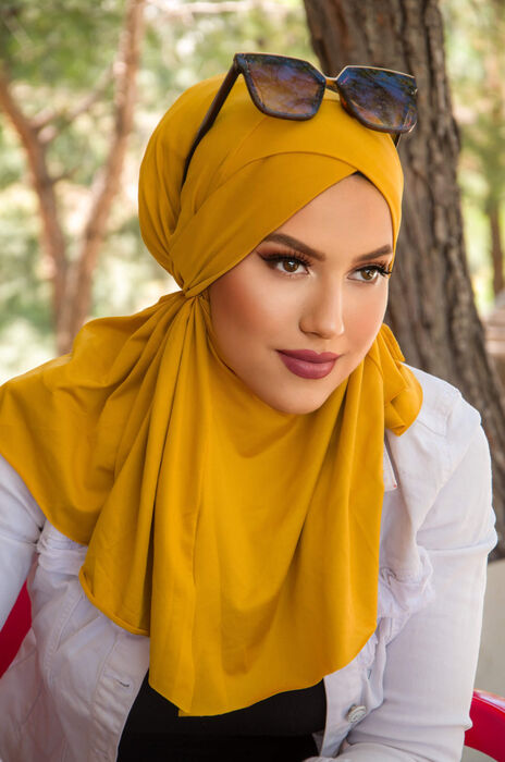 Hardal Çapraz Bantlı Medium Size Hijab - Hazır Şal