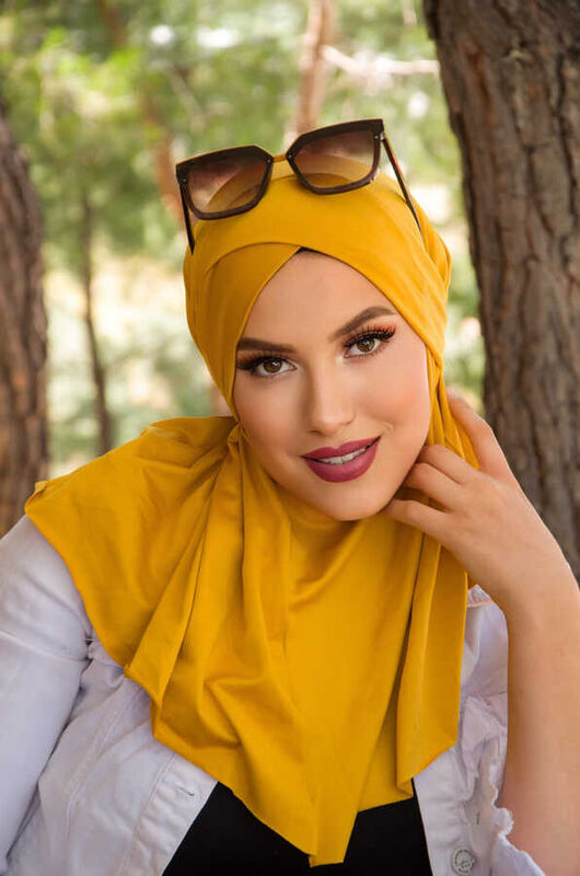 Hardal Çapraz Bantlı Medium Size Hijab - Hazır Şal