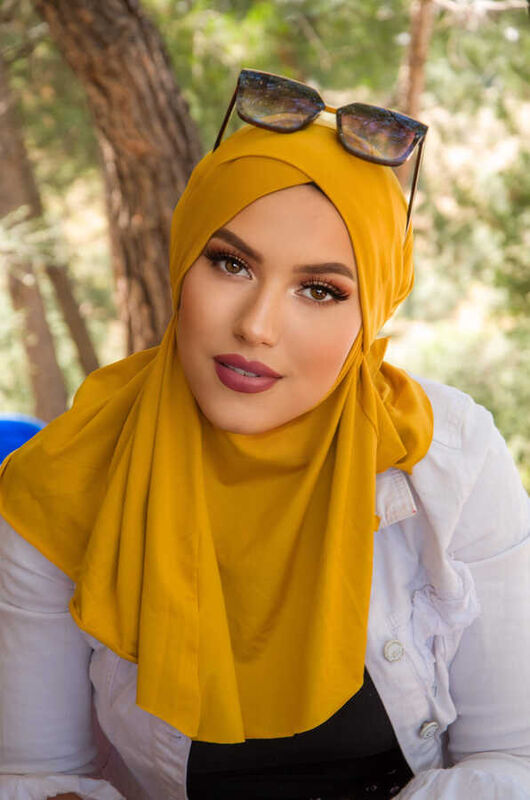 Hardal Çapraz Bantlı Medium Size Hijab - Hazır Şal