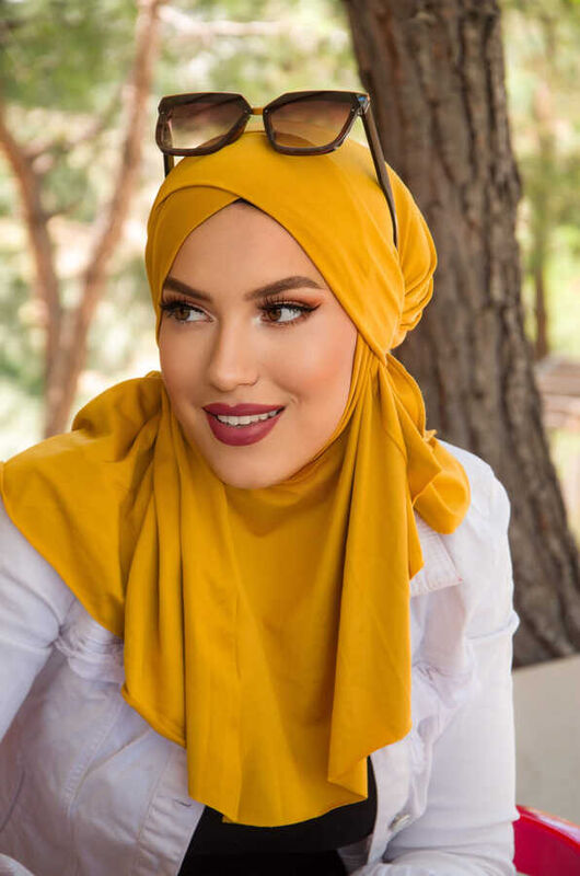 Hardal Çapraz Bantlı Medium Size Hijab - Hazır Şal