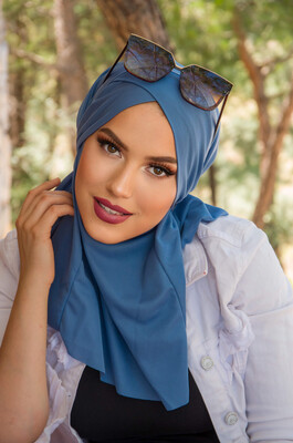 İndigo Çapraz Bantlı Medium Size Hijab - Hazır Şal - Thumbnail