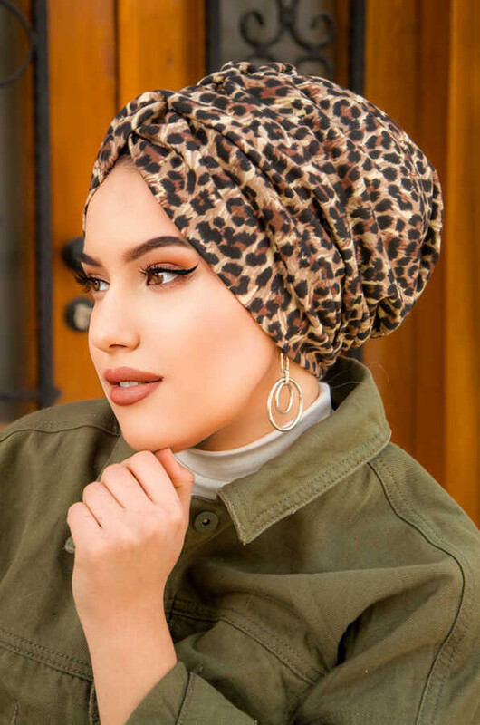 Kahve Leopar Desen Burgu Model Dolgulu Bone - Thumbnail