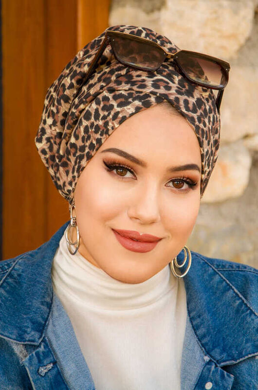 Kahve Leopar Desen Çapraz Bantlı Dolgulu Bone