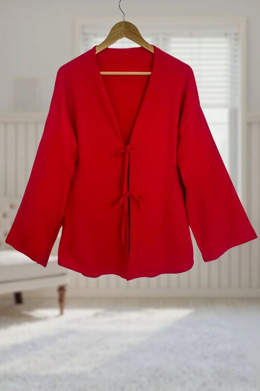  - Kırmızı Önü Bağlamalı Kimono Tunik / Likralı Bürümcük Kumaş