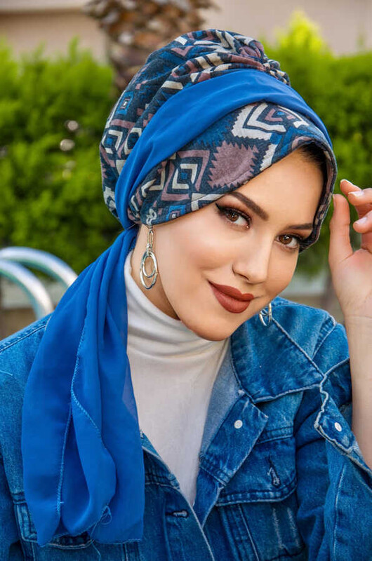Kot Mavi Desenli Şapkalı Bone - Thumbnail
