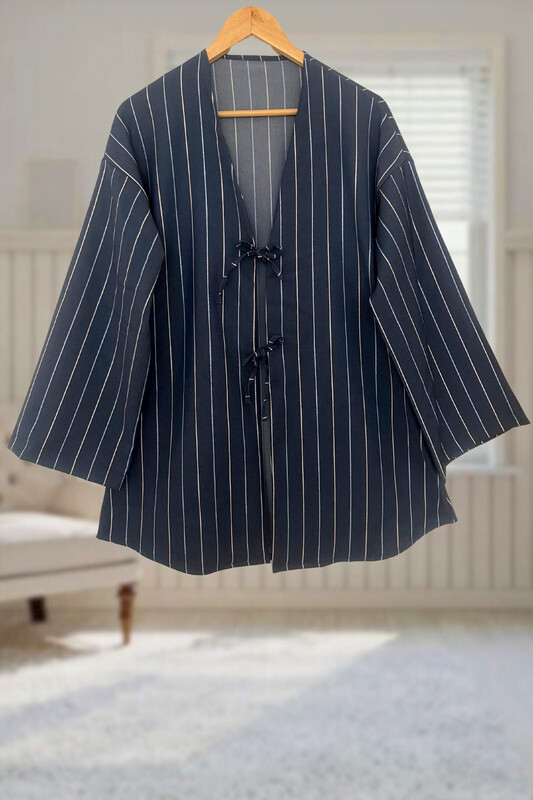  - Kot Mavi Çizgili Önü Bağlamalı Kimono Tunik / 85 CM BOY